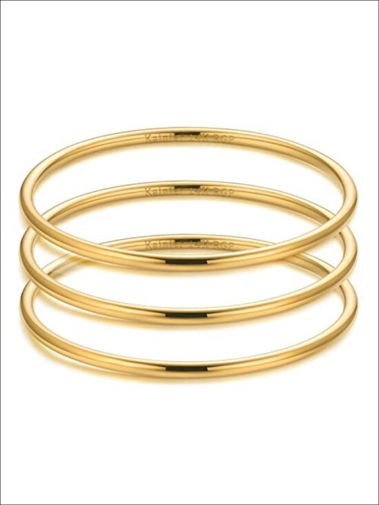 14K Gold Plated Bangle Bracelet Stainless Steel Glossy Thin Round Stackable